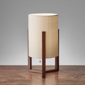 Walnut Wood Finish Cylindrical Linen Shade Table Lamp