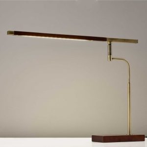 Walnut Wood Finish and Antique Brass Metal Adjustable LED Desk Lamp with USB Port