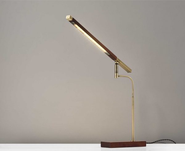 Walnut Wood Finish and Antique Brass Metal Adjustable LED Desk Lamp with USB Port - Image 2
