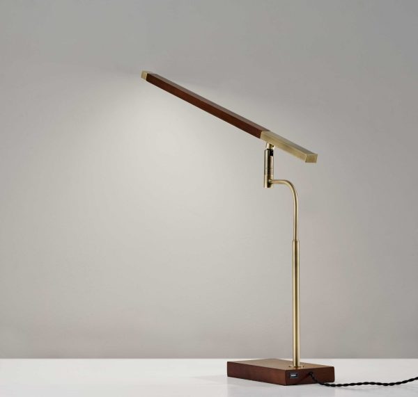 Walnut Wood Finish and Antique Brass Metal Adjustable LED Desk Lamp with USB Port - Image 3