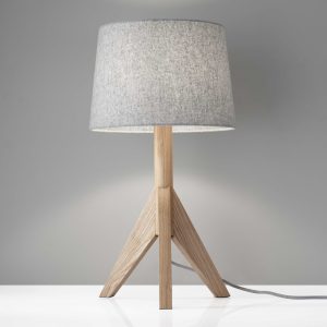 Natural Wood Tripod Base with Grey Felt Tapered Drum Shade Table Lamp