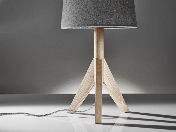 Natural Wood Tripod Base with Grey Felt Tapered Drum Shade Table Lamp - Image 3
