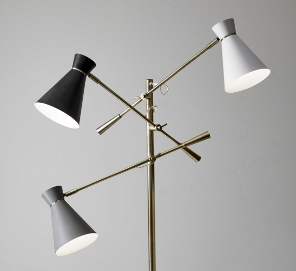 Three Arm Adjustable Floor Lamp in Brass Metal with Grey Black and White Shades - Image 3