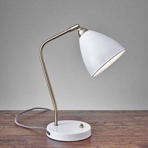 White Metal and Antique Brass Adjustable USB Port Desk Lamp