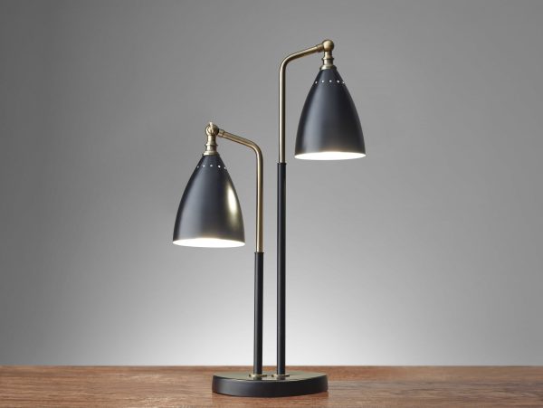 Matte Black Metal and Antique Brass Two Light Adjustable Table Lamp - Image 2