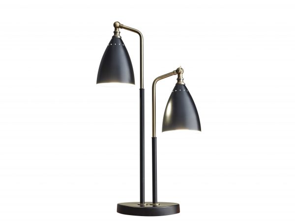 Matte Black Metal and Antique Brass Two Light Adjustable Table Lamp - Image 3