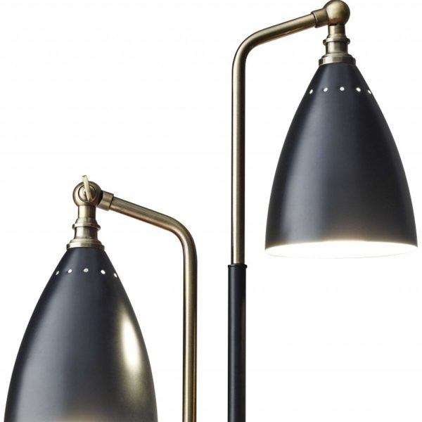 Matte Black Metal and Antique Brass Two Light Adjustable Table Lamp - Image 4