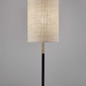 Antique Brass Metal Tripod Base with Matte Black Accent and Tall Natural Fabric Shade Table Lamp