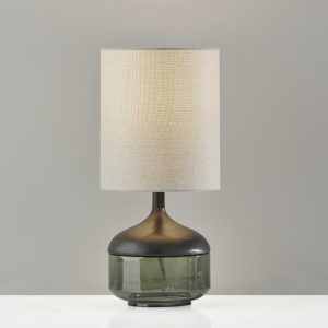 Petite Black Wood Smoked Glass Base with Lightly Textured Round Shade Table Lamp