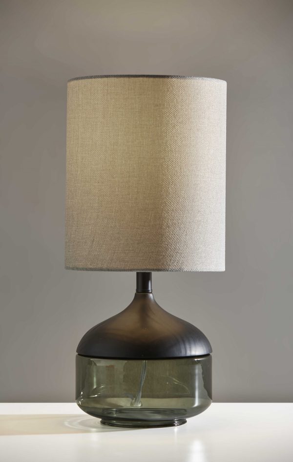 Petite Black Wood Smoked Glass Base with Lightly Textured Round Shade Table Lamp - Image 2