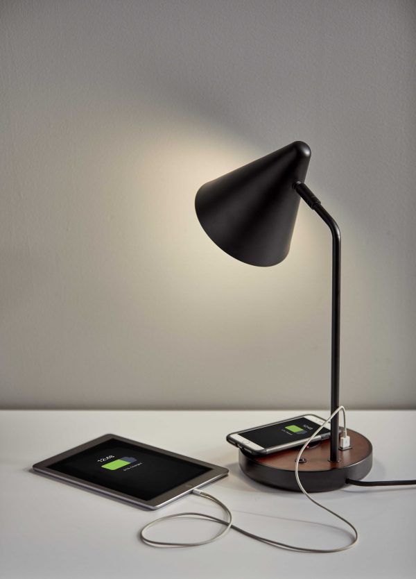 Matte Black Metal Wireless Charging Adjustable Desk Lamp with Walnut Wood Accent - Image 3