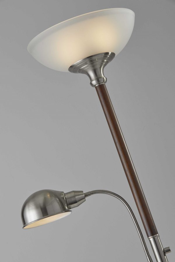 Two Light Combo Floor Lamp Wood Brushed Steel Torchiere with Frosted Glass Dome Shade and Reading Light with Brushed Steel Dome Shade - Image 2