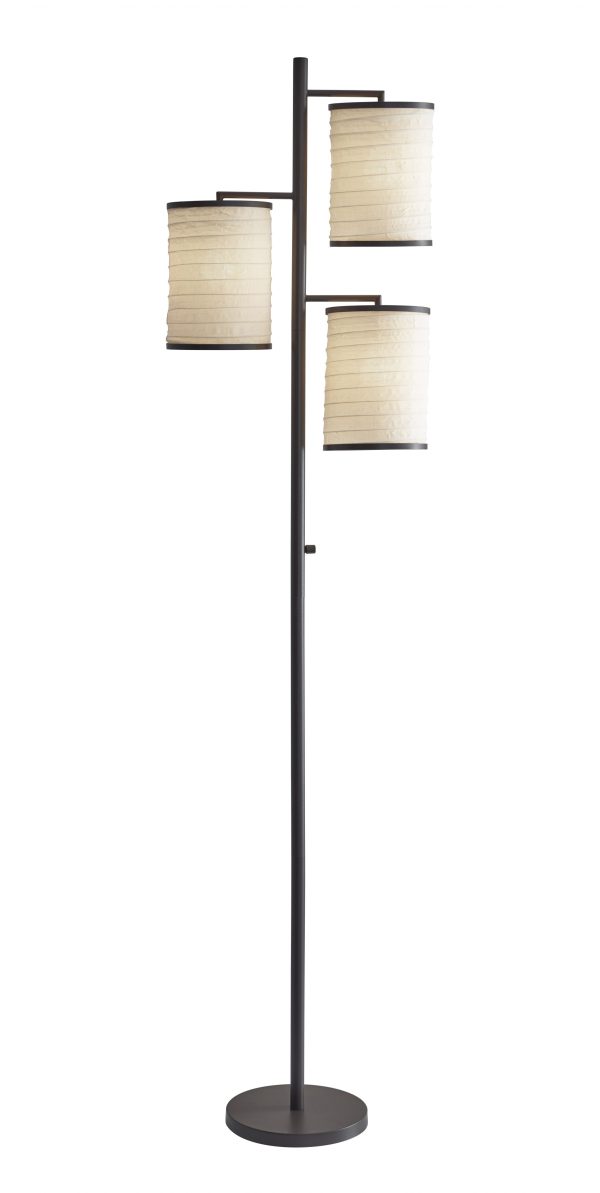 Three Light Floor Lamp Dark Bronze Finish with Off White Lanterns - Image 3