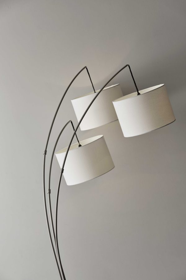 Three Light Brushed Steel Metal Arc Floor Lamp with Suspended White Drum Shades - Image 2