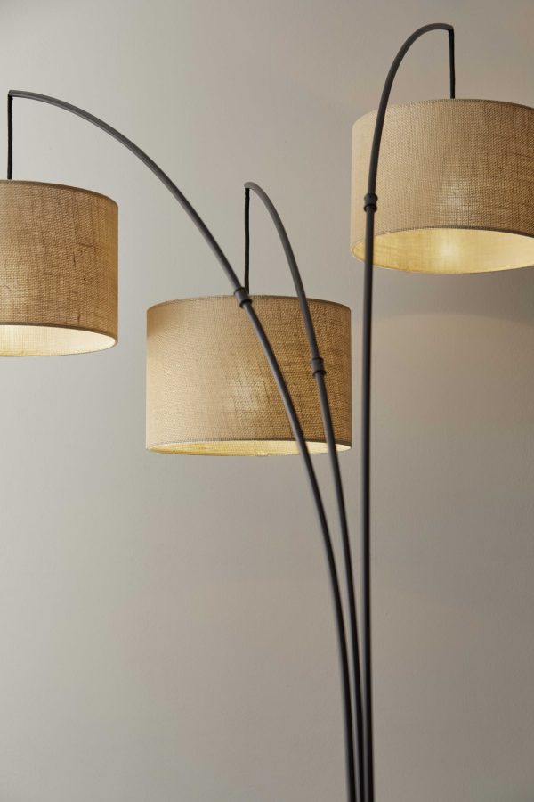 Three Light Bronze Metal Finish Arc Floor Lamp with Suspended Burlap Drum Shades - Image 2