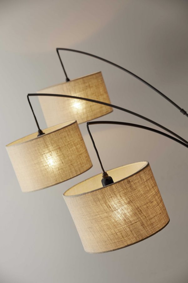 Three Light Bronze Metal Finish Arc Floor Lamp with Suspended Burlap Drum Shades - Image 3