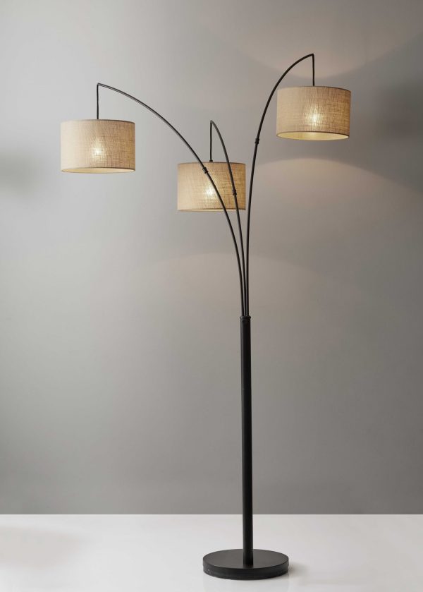 Three Light Bronze Metal Finish Arc Floor Lamp with Suspended Burlap Drum Shades - Image 4