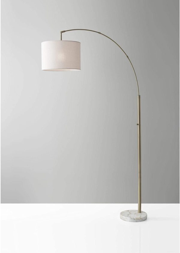 Reading Nook Floor Lamp Antique Brass Arc Arm Adjustable Off White Fabric Shade - Image 2