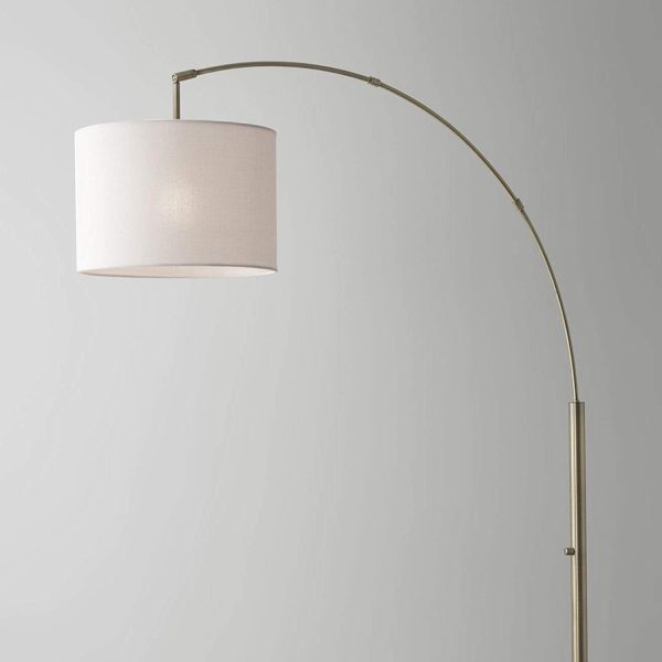 Reading Nook Floor Lamp Antique Brass Arc Arm Adjustable Off White Fabric Shade - Image 3