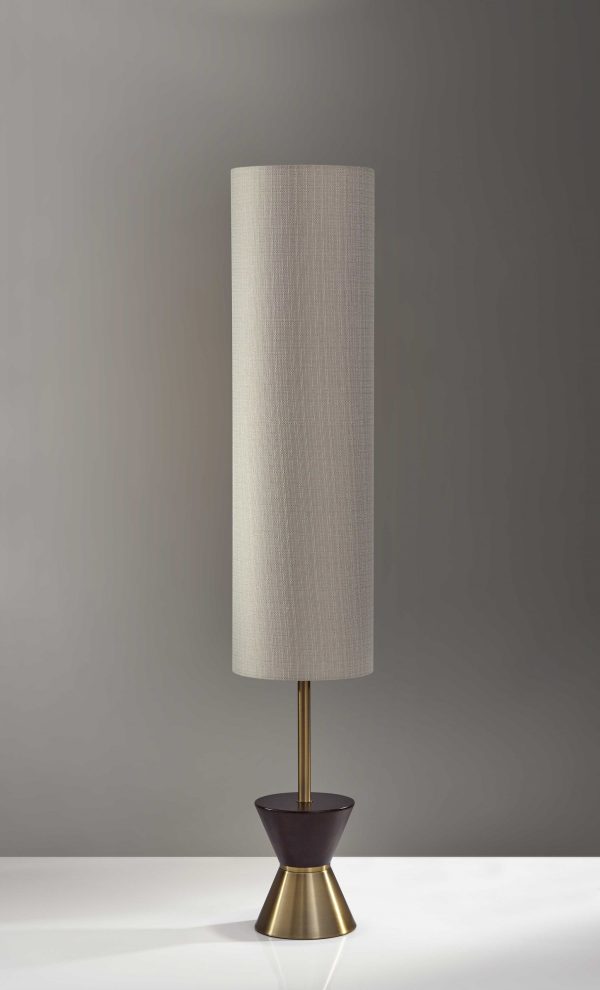 59" Brass and Wood Textured Cylinder Beige Floor Lamp - Image 2