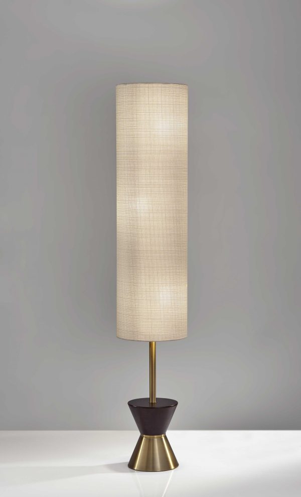 59" Brass and Wood Textured Cylinder Beige Floor Lamp - Image 3