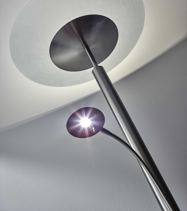 Brushed Steel Metal with Wide Disc Shade Torchiere Plus Task Light Floor Lamp - Image 3