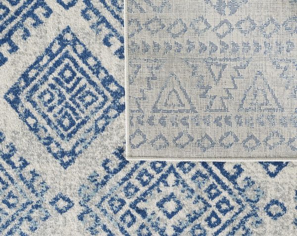 7' Ivory Blue Machine Woven Distressed Geometric Indoor Runner Rug - Image 3