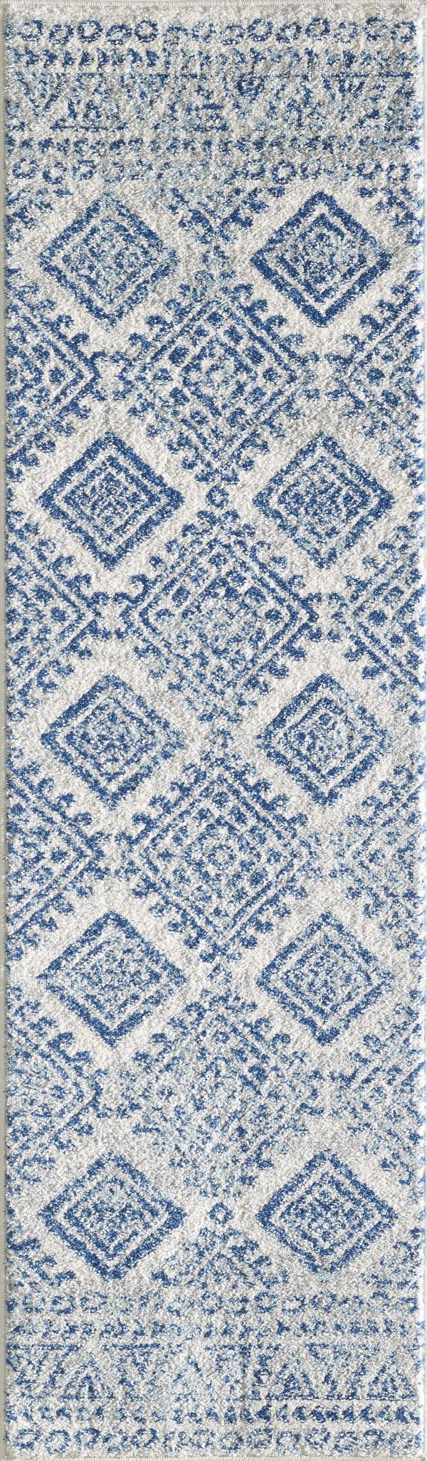 7' Ivory Blue Machine Woven Distressed Geometric Indoor Runner Rug - Image 4