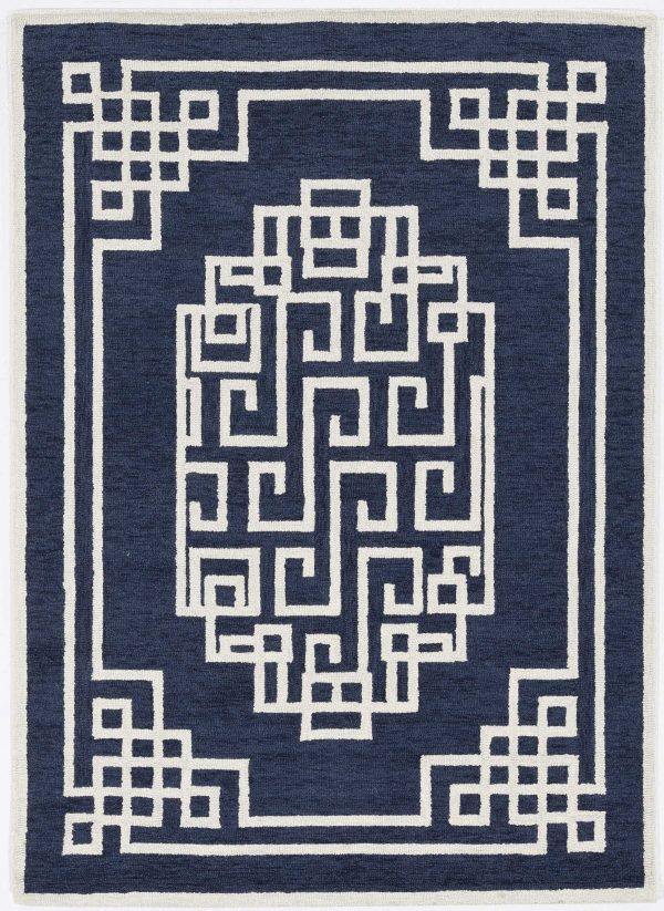2'x4' Navy Blue Ivory Hand Tufted Greek Key Medallion Indoor Accent Rug - Image 2