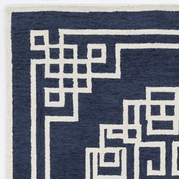 2'x4' Navy Blue Ivory Hand Tufted Greek Key Medallion Indoor Accent Rug - Image 5