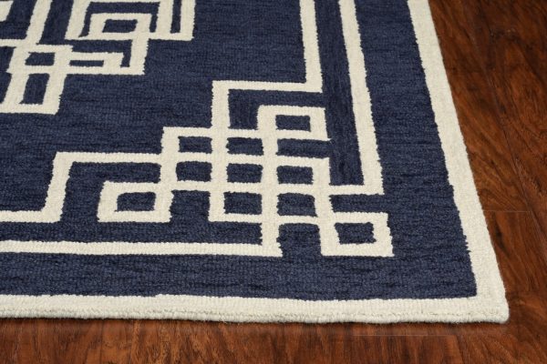 3'x5' Navy Blue Ivory Hand Tufted Greek Key Medallion Indoor Area Rug - Image 2