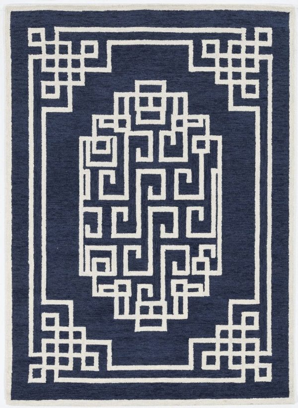 5'x7' Navy Blue Ivory Hand Tufted Bordered Greek Key Indoor Area Rug - Image 2