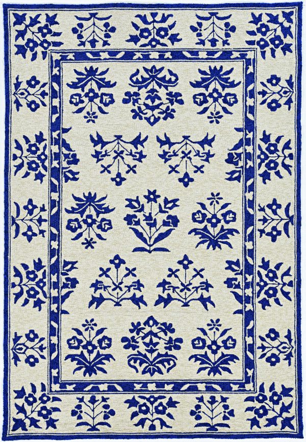 3'x5' Sand Blue Hand Hooked UV Treated Traditional Floral Design Indoor Outdoor Rug - Image 3