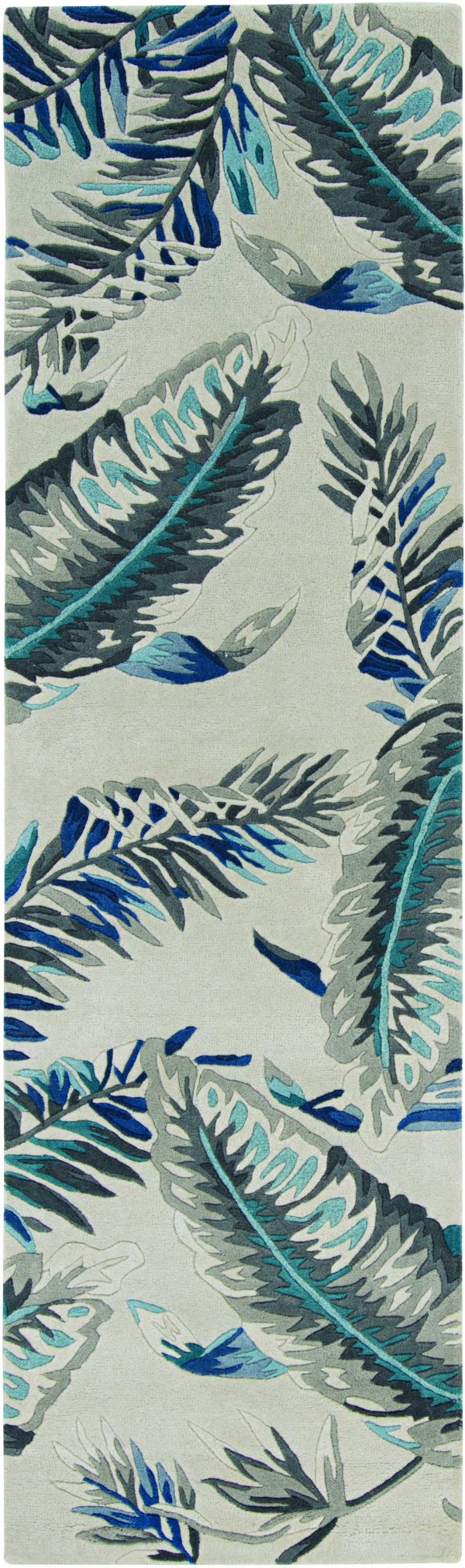 8' Grey Blue Hand Tufted Tropical Leaves Indoor Runner Rug - Image 2