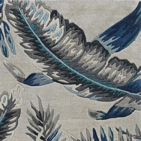8' Grey Blue Hand Tufted Tropical Leaves Indoor Runner Rug - Image 3