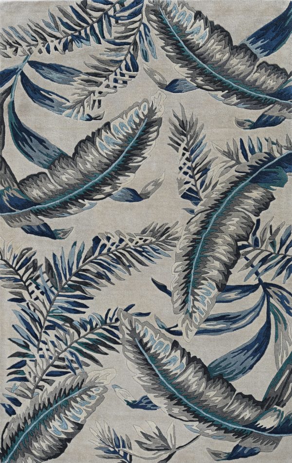 8' Grey Blue Hand Tufted Tropical Leaves Indoor Runner Rug - Image 4