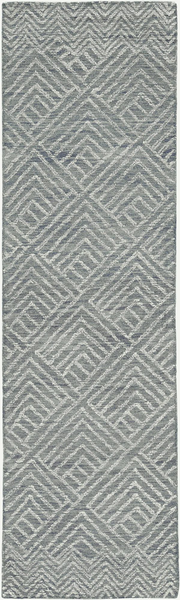 2' x 8' Denim Geometric Tiles Wool Runner Rug - Image 4