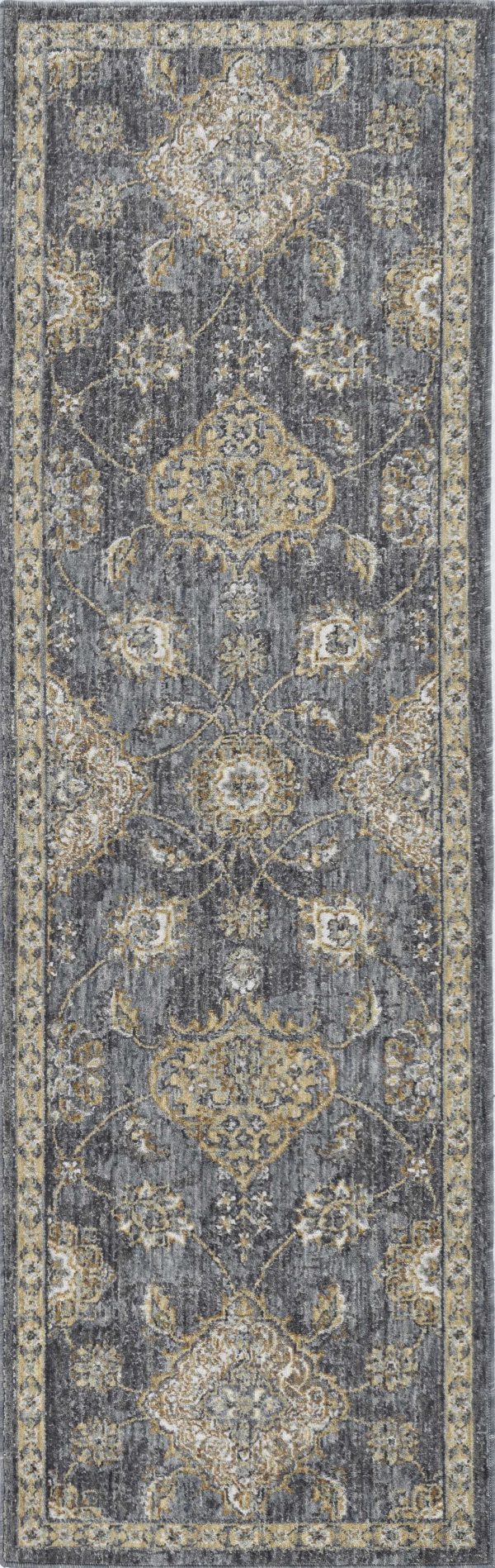 2' x 7' Slate Grey Floral Vine Wool Indoor Runner Rug - Image 3