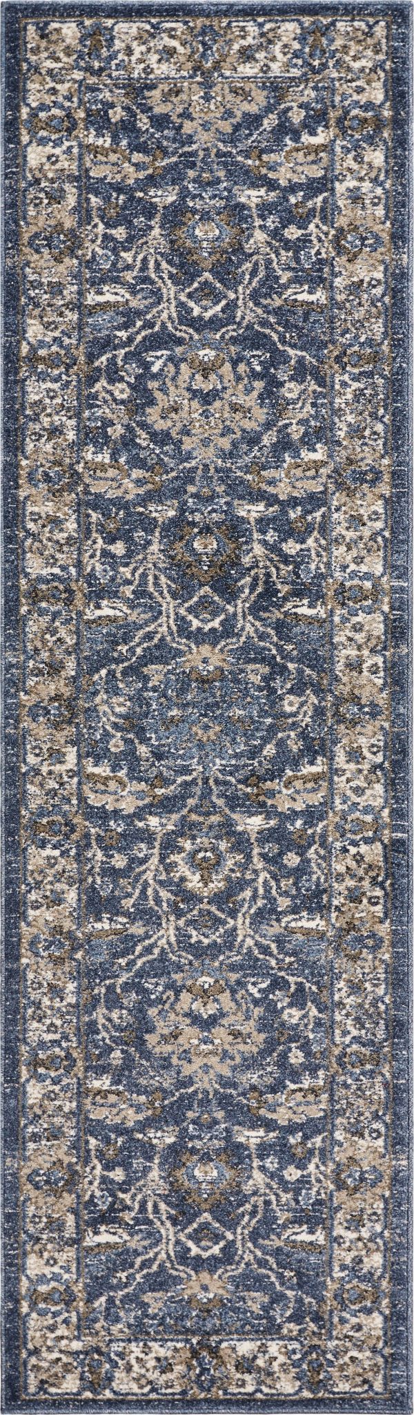 8' Denim Blue Machine Woven Bordered Floral Vines Indoor Runner Rug - Image 2