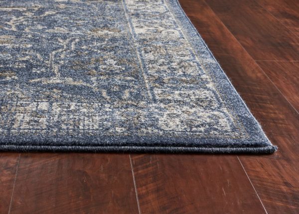 8' Denim Blue Machine Woven Bordered Floral Vines Indoor Runner Rug - Image 3