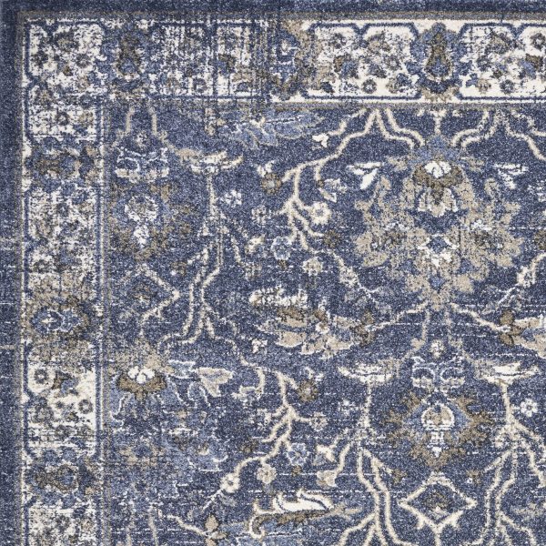 8' Denim Blue Machine Woven Bordered Floral Vines Indoor Runner Rug - Image 4