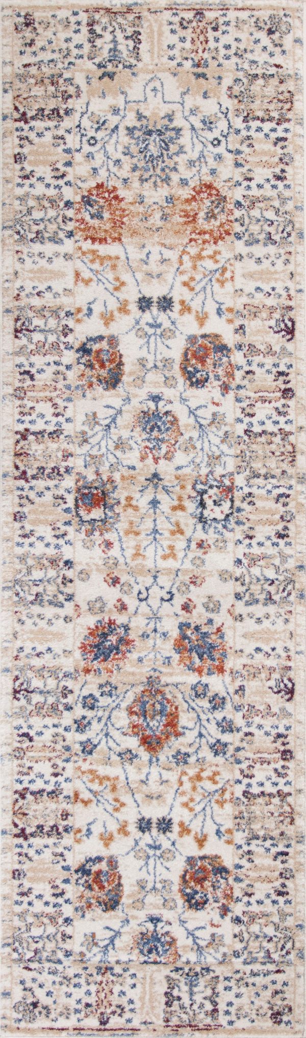 8' Beige Machine Woven Bordered Floral Indoor Runner Rug - Image 2