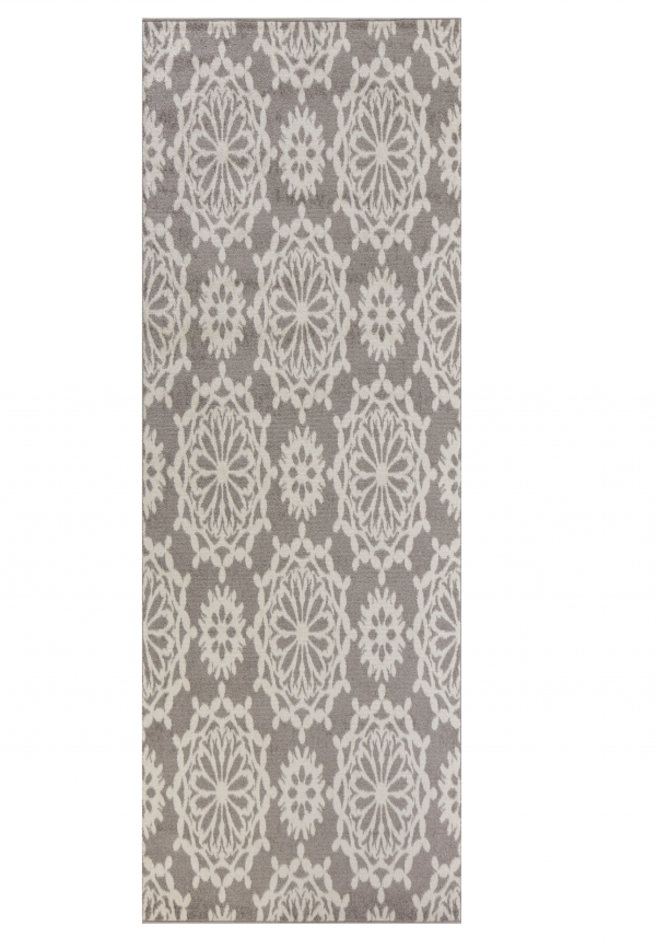7' Grey Ivory Machine Woven Floral Indoor Runner Rug