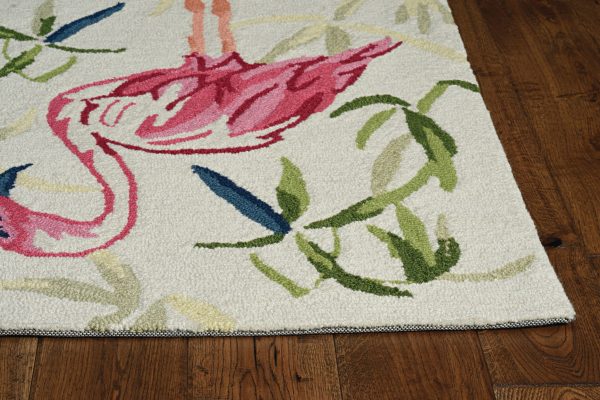 7' Ivory Pink Hand Hooked Flamingo Indoor Runner Rug - Image 3