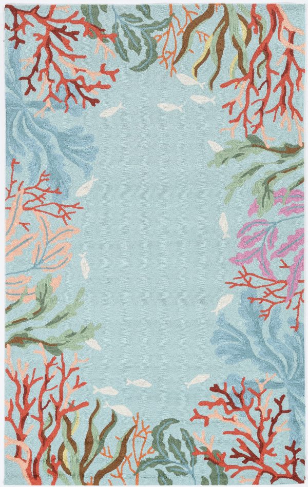 5'x8' Blue Hand Hooked Bordered Coral Reef Indoor Area Rug - Image 4