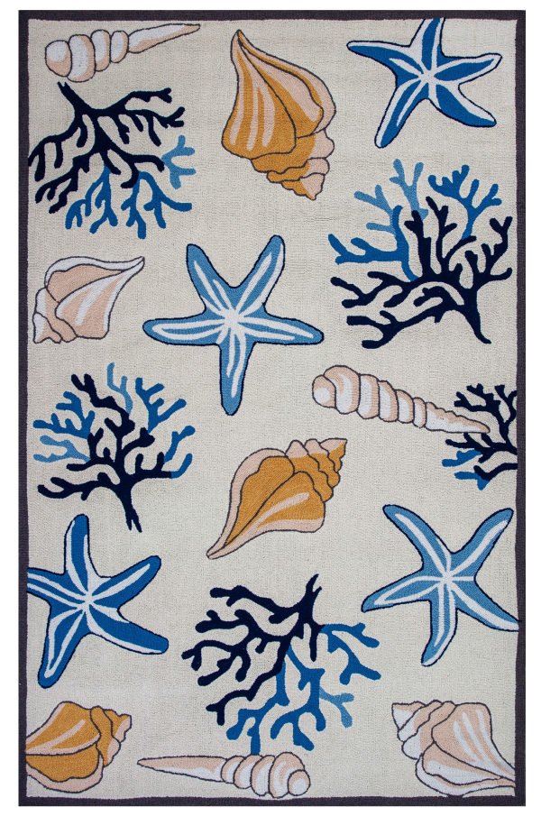3'x5' Ivory Hand Hooked Sea Corals And Shells Indoor Area Rug