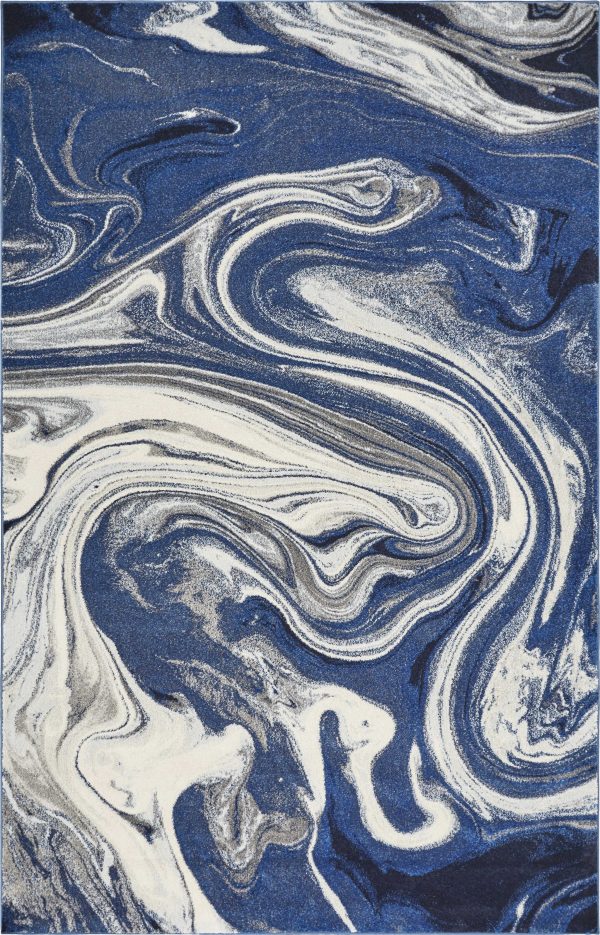 7'x10' Blue Beige Machine Woven Marble Indoor Area Rug - Image 3