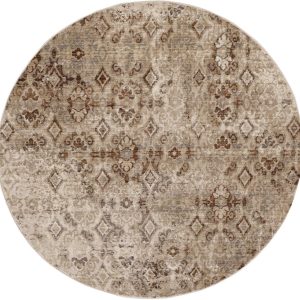 7' Sand Ivory Machine Woven Distressed Traditional Round Area Rug