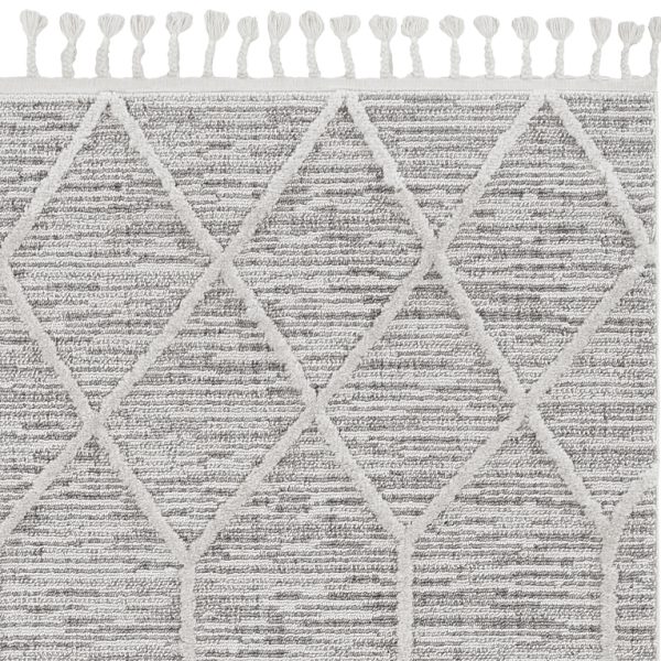 8' Ivory Grey Machine Woven Abstract With Fringe Indoor Runner Rug - Image 3