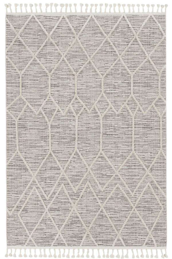5'x8' Ivory Grey Machine Woven Abstract With Fringe Indoor Area Rug - Image 2